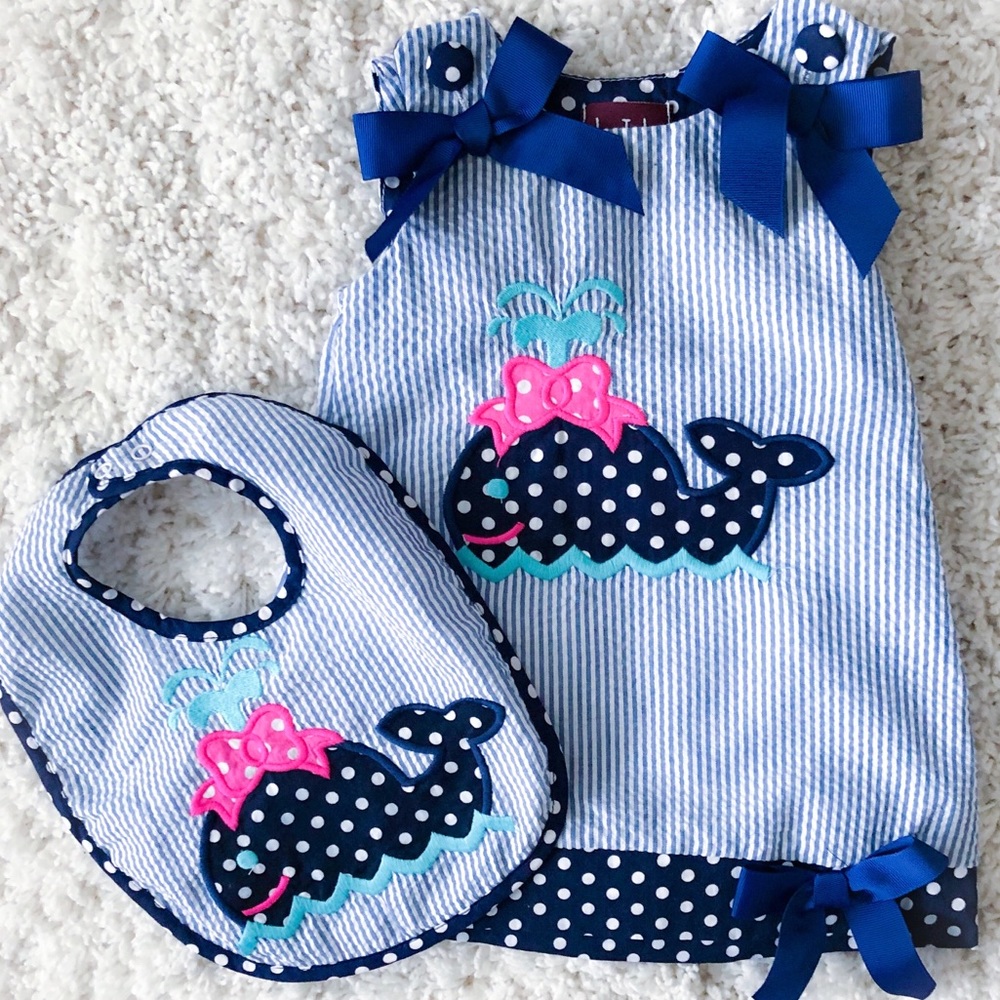 Striped Blue Dress with Matching Bib